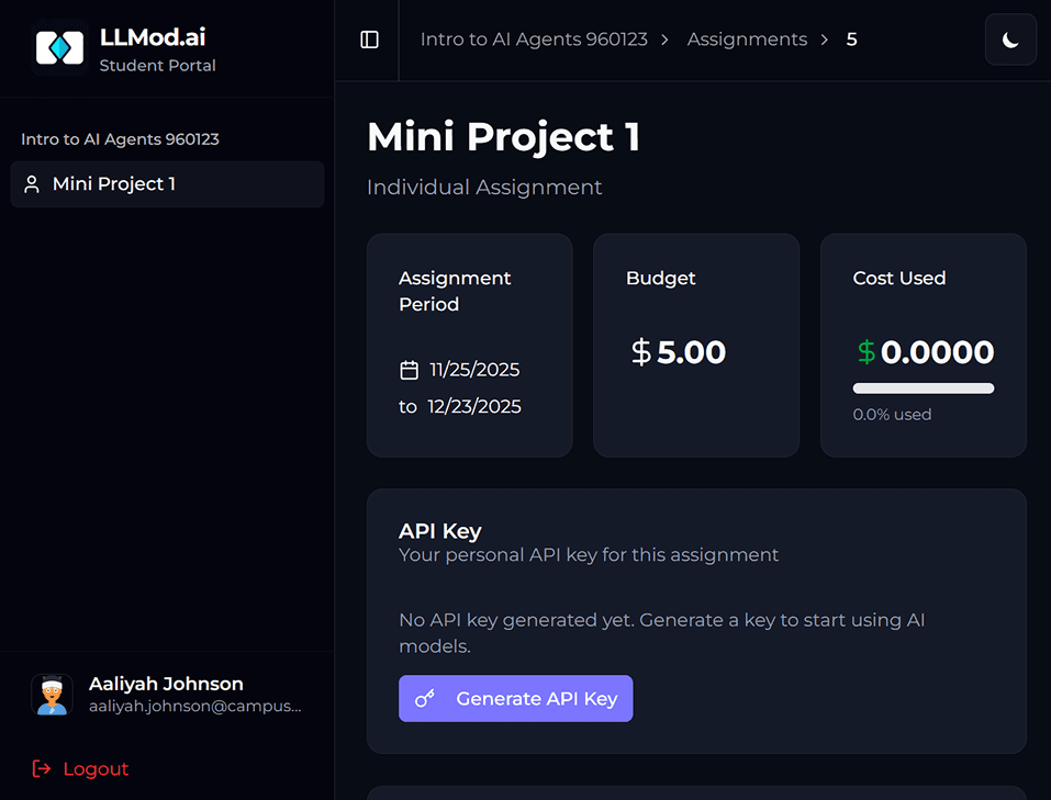 Student Dashboard - Virtual API Key